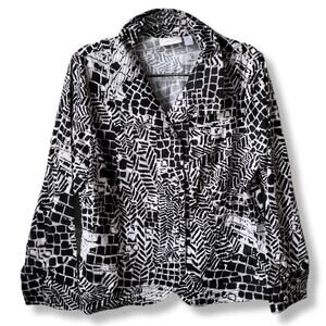 Women Chicos Black White Abstract Print Jacket Blazer 2 L Modern Career Stretch